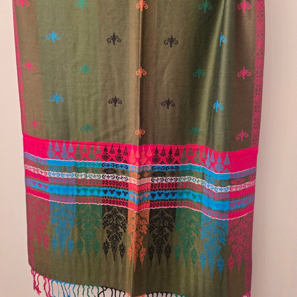 Army green /rainbow cashmere pashmina - Picture 3 of 6